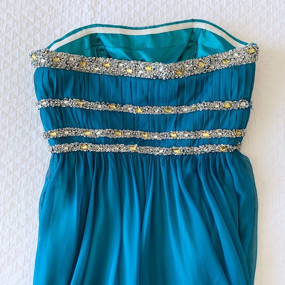 La Femme Strapless Beaded Gown Teal - Picture 8 of 14